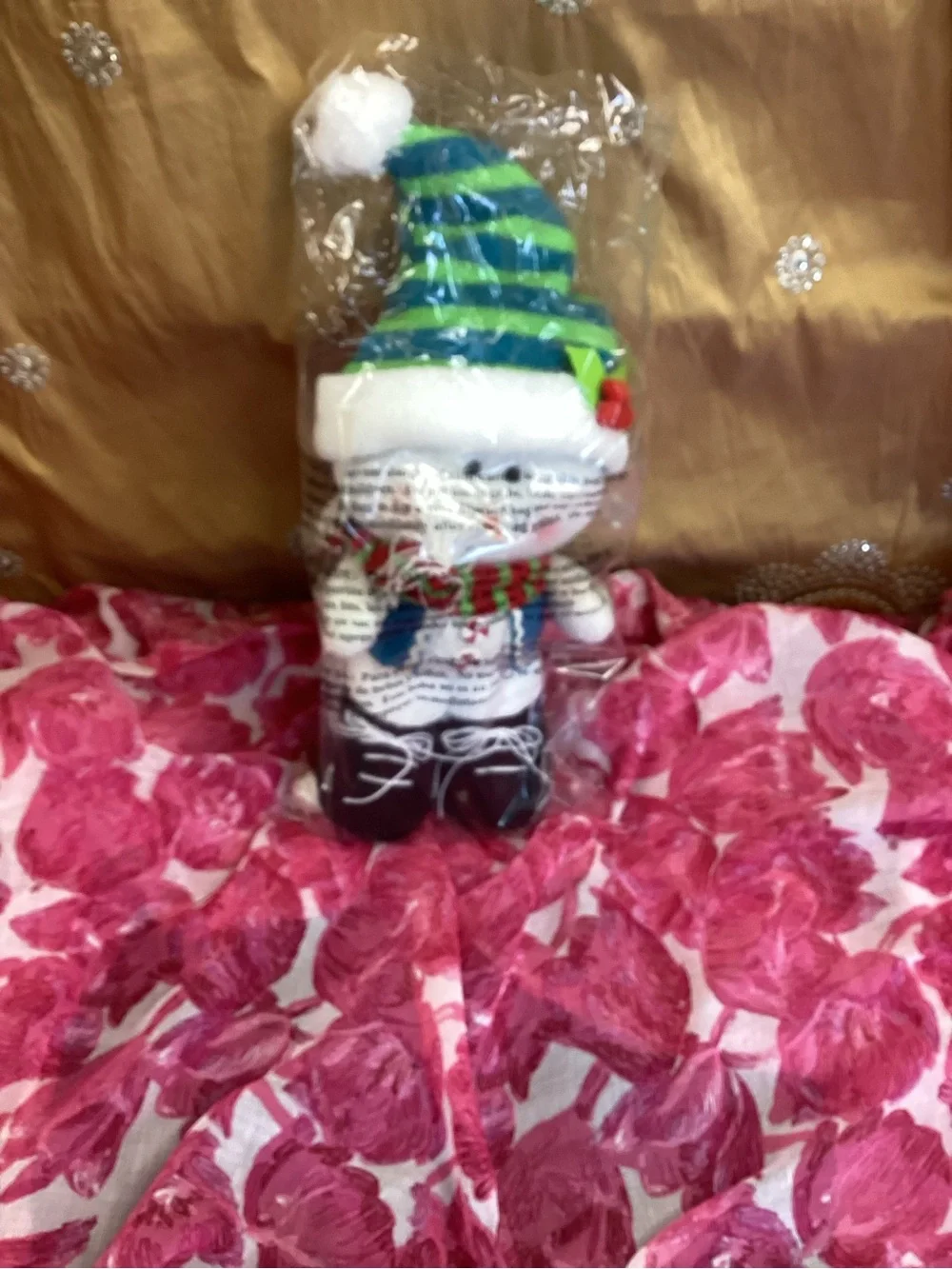Plush Holiday Snowman with Green Striped Hat and Red-Green Scarf
